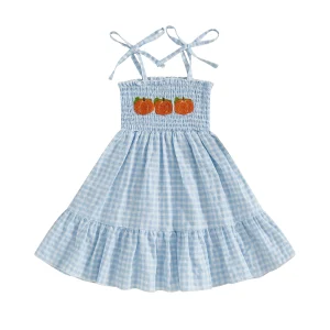 Tie-up Sleeveless Embroidery Pumpkin Plaid Dress Summer A-line Dress