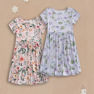 POSHTOT bamboo Girls' Floral Print  Style, Comfortable Short Sleeve Twirl Dress