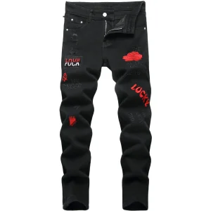Boy's Embroidered Skinny Fit Ripped Fashion Kids Denim Jeans Pants