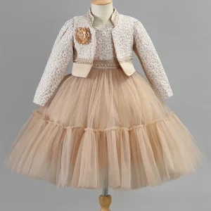 Girls Dress Set Khaki Lotus Lace Outfit