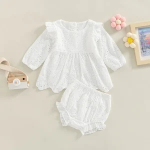 Infant Girls Outfit with Stylish Round Neck Long Sleeve Top and Cute Ruffle Shorts