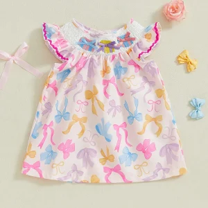 Toddler Girl Floral Print Sleeveless A-Line Dress Round Neck Bow Detail Casual Dress Baby Girl Smocked Dress